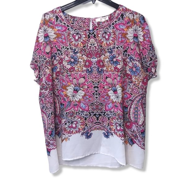 𝅺KENAR Purple Camel Lilac White Floral Paisley Chiffon Blouse - Picture 2 of 5